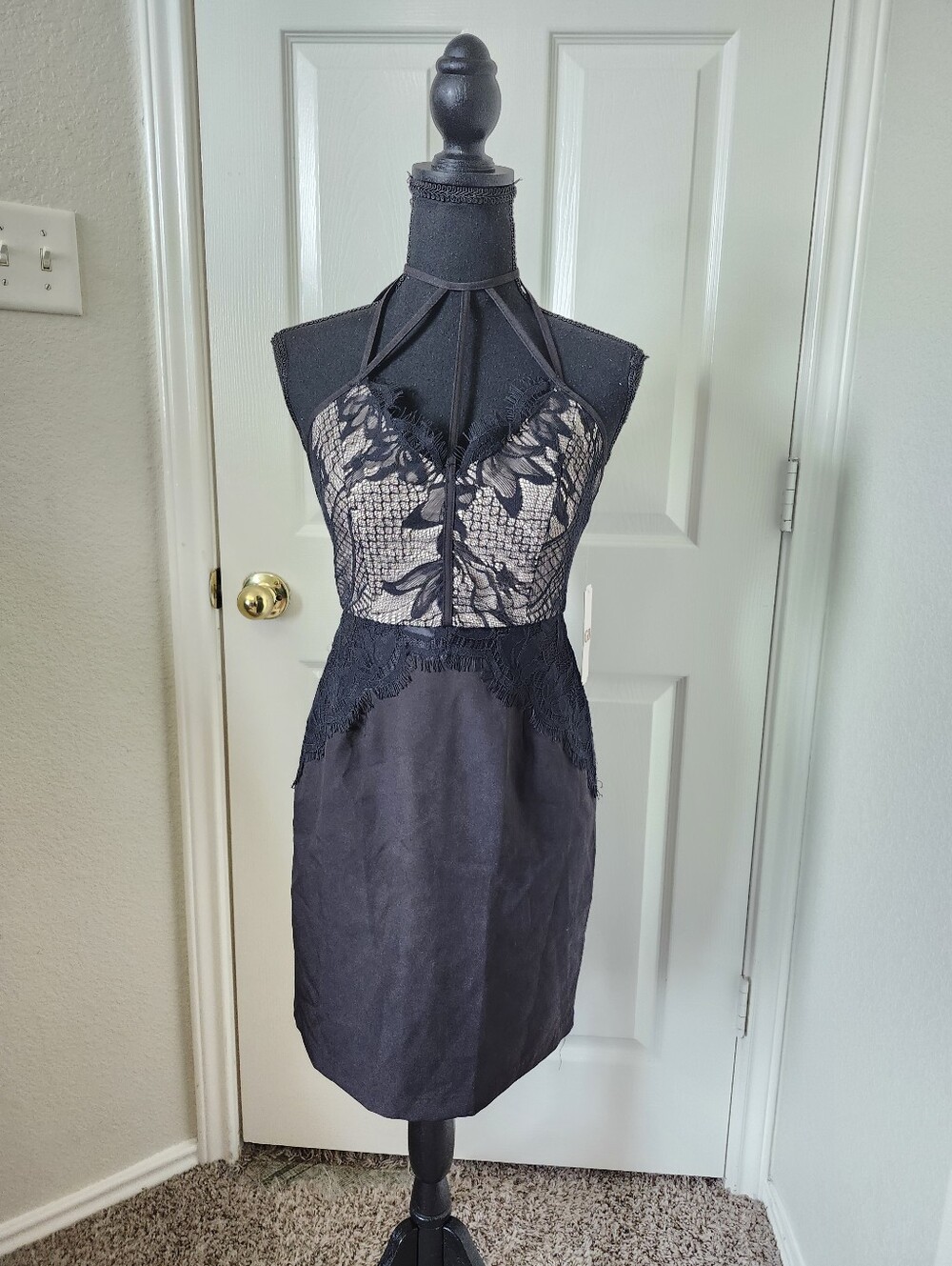 Gianni Bini Black Lace Halter Mini Dress with Sheer Bodice S